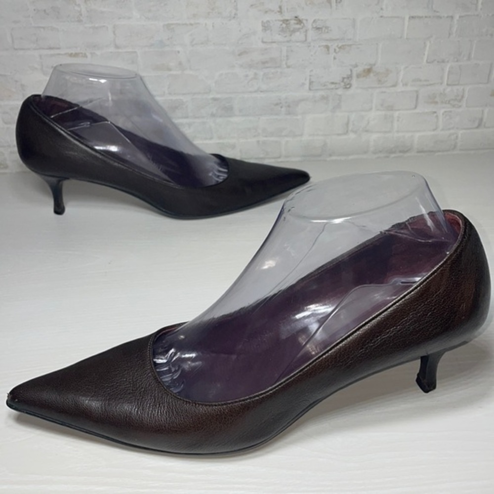 Authentic Gucci Chocolate Brown Classic Pointy Toe Casual Kitten Heel Pump Shoes - Picture 6 of 16